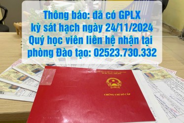 Thông báo: đã có GPLX kỳ sát hạch ngày 24/11/2024