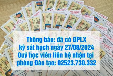 Thông báo: đã có GPLX kỳ sát hạch ngày 27/08/2024