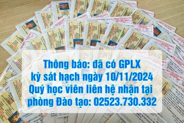 Thông báo: đã có GPLX kỳ sát hạch ngày 10/11/2024