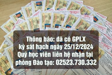 Thông báo: đã có GPLX kỳ sát hạch ngày 25/12/2024